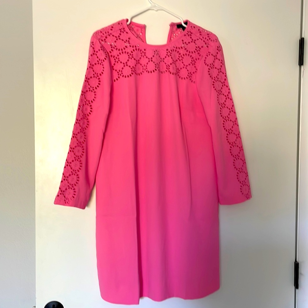 J Crew, size 6 NWOT bright pink shift dress. Gorgeous detail.